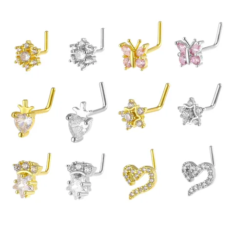 Kupfer Zirkonia L-Nasenstecker Für Damen Herren Gold Silber Plattiert Nasenring Piercing Schmuck Herz Stern Schmetterling Form