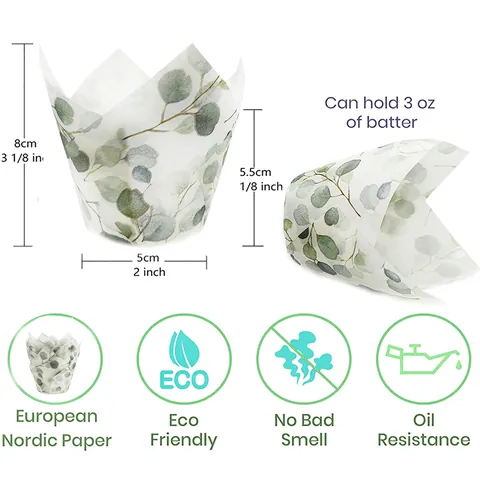 Eucalyptus Bladeren Tulpenvorm Vetvrij Papier Cakevormpjes Hittebestendige Muffin Wikkels Voor Bakken Bruiloft Feest Decoratie