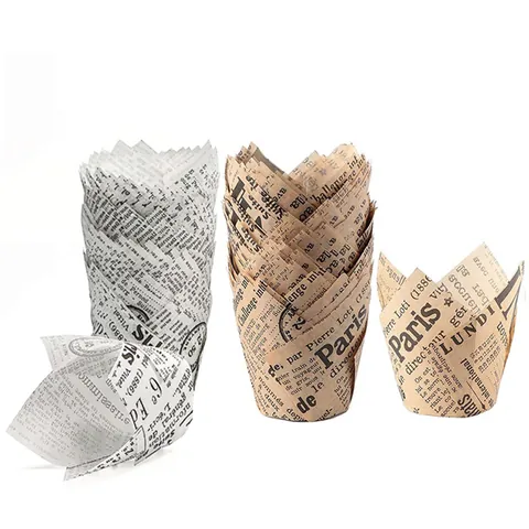 Tulip Muffin Cupcake Liners Greaseproof Newspaper Print Baking Paper Cups For Muffin Cake Party Wedding Kitchen Baking Supplies