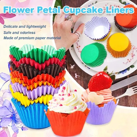 Vetvrije Papieren Cupcake Vormpjes Hittebestendige Muffin Bakvormpjes Voor Cupcakes Feest Effen Kleur Bloemvorm Cake Wrappers