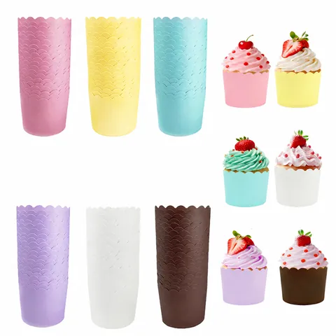 Macaron Bunte Muffinförmchen Fettbeständig PE Beschichtet Holzzellstoffpapier Backförmchen Wellenrand Muffinhüllen Für Party Hochzeit