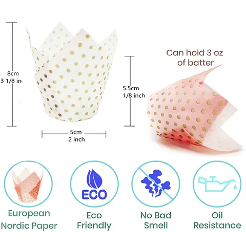 Tulip Shaped Cupcake Liners Gold Foil Polka Dot Greaseproof Paper Baking Cups For Muffins Dessert Wedding Birthday Party White Pink