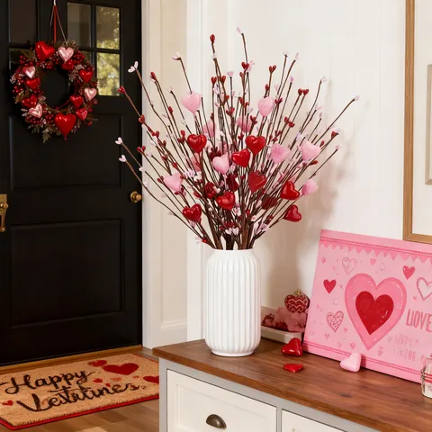 Valentinstag Künstliche Herzbeeren Stiele Romantische Rosa Rote Herz Picks Für Zuhause Vase Tisch Deko Hochzeit Party Bedarf