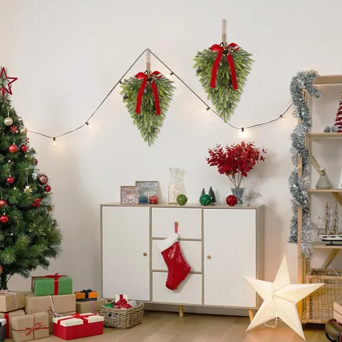 Guirnalda de Navidad de Pino de Norfolk Artificial Con Lazo de Terciopelo Rojo Campanas Doradas y Piñas Naturales