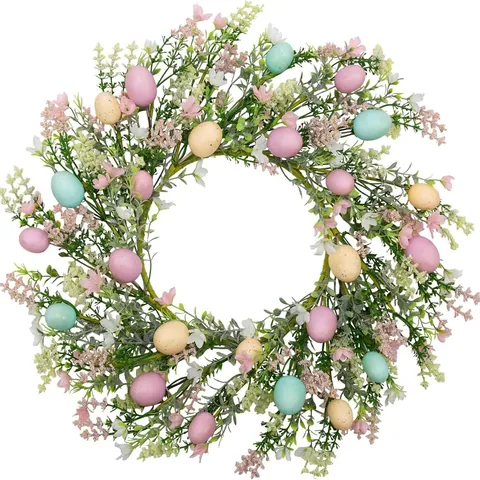 Guirnalda Artificial de Huevos de Pascua Flores de Primavera Hojas Verdes Anillo de Ratán Decoración de Pared para Hogar