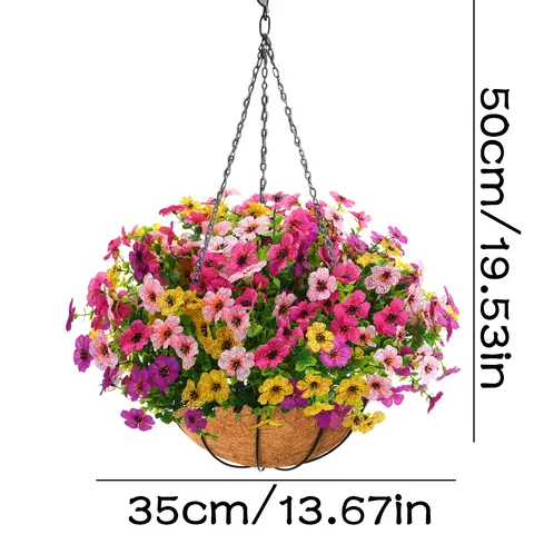 Artificial Hanging Flower Basket With Coco Liner Metal Frame Multicolored Silk Petunia Flowers For Outdoor Garden Patio Home Decor