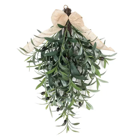 Adorno Colgante de Hoja de Olivo Artificial Forma de Lágrima Con Lazo de Arpillera Ramas de Olivo Decoración de Pared para Puerta