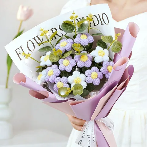 Handgehäkelter Blumenstrauß Mit LED Knitted Sonnenblume Rose Tulpe Gänseblümchen Künstliche Blumen Für Geburtstag Valentinstag Geschenk