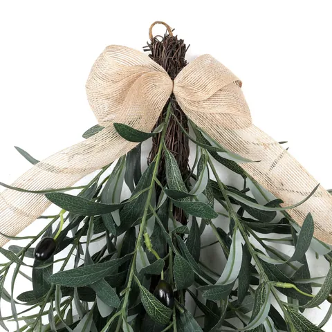 Adorno Colgante de Hoja de Olivo Artificial Forma de Lágrima Con Lazo de Arpillera Ramas de Olivo Decoración de Pared para Puerta