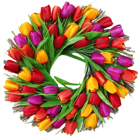 Couronne de Tulipes Artificielles Simulation de Fleurs Décoration Murale Suspendue pour Printemps Pâques Fête des Mères Maison Mariage