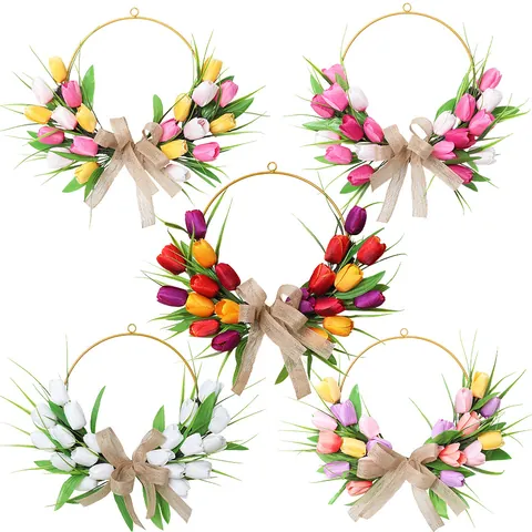 Künstlicher Tulpenkranz Mit Sackleinen Schleife Für Haustür Dekor Frühling Ostern Blumenkranz Goldener Metallreif Wandbehang Dekoration