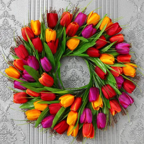 Couronne de Tulipes Artificielles Simulation de Fleurs Décoration Murale Suspendue pour Printemps Pâques Fête des Mères Maison Mariage