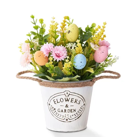 Vintage Pasen Kunstbloemstuk In Witte Metalen Emmer Met Gekleurde Gespikkelde Eieren Zijden Bloemen Tafelstuk