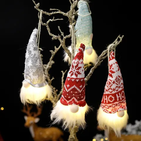 Christmas LED Lighted Gnome Hanging Ornament Knitted Plush Tomte Forest Man Holiday Home Decor Warm Glow