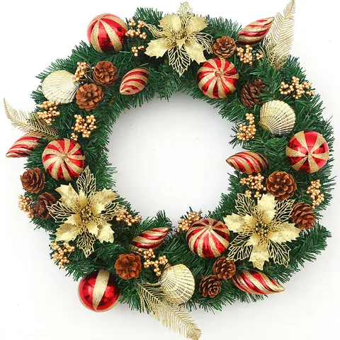 Corona de Navidad Grande Bolas Pintadas Piñas Luces LED Adorno Festivo Colgante de Puerta Para Decoración de Fiesta en Casa