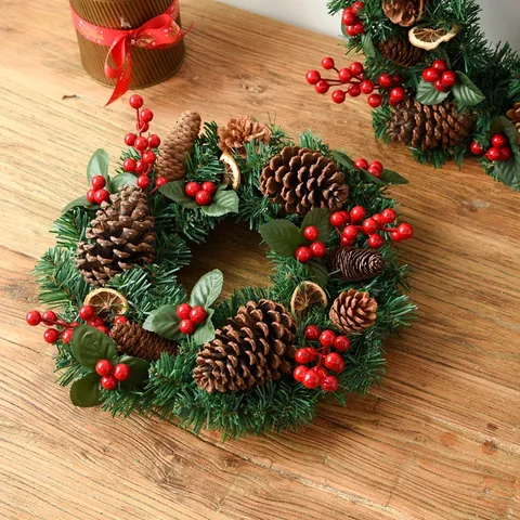 Artificial Christmas Wreath With Pine Needles Pine Cones Berries And Ribbon For Front Door Wall Decoration Holiday Ornament