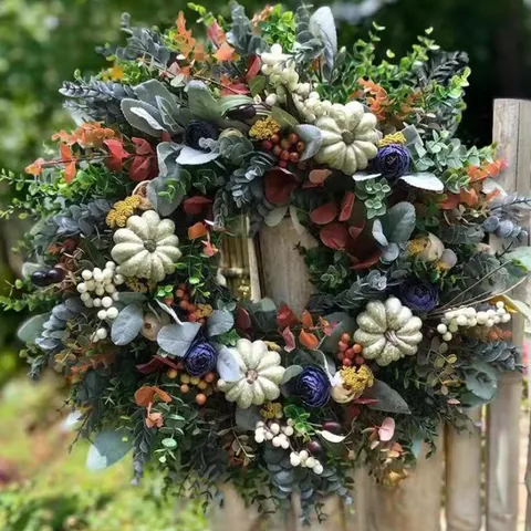 Artificial Autumn Eucalyptus Wreath With White Pumpkins Purple Flowers Berries Maple Leaves For Thanksgiving Front Door Decor