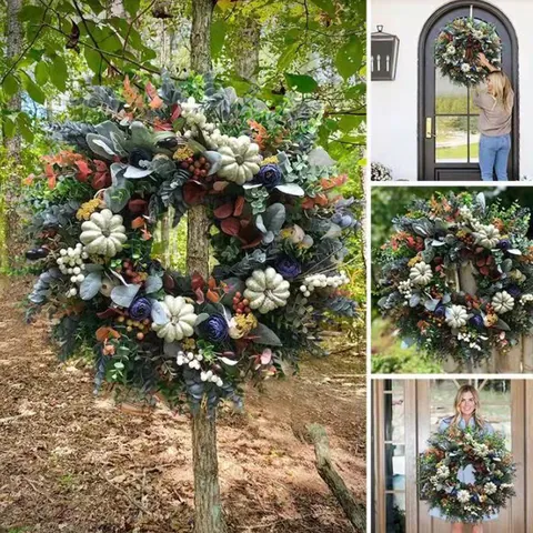 Artificial Autumn Eucalyptus Wreath With White Pumpkins Purple Flowers Berries Maple Leaves For Thanksgiving Front Door Decor