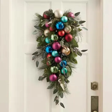 Christmas Wreath Garland With Warm Led Lights Colorful Ball Ornaments Artificial Pine Needle For Door Wall Decor