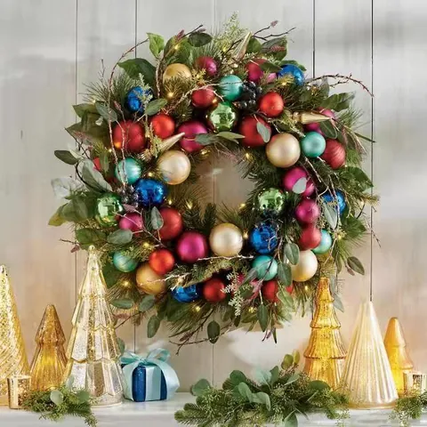 Christmas Wreath Garland With Warm Led Lights Colorful Ball Ornaments Artificial Pine Needle For Door Wall Decor
