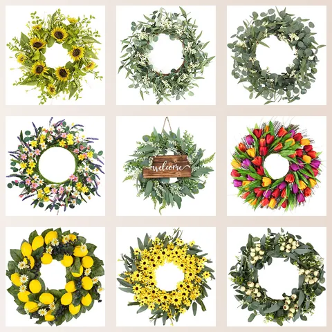 Artificial Eucalyptus Floral Wreath For Front Door Decor Sunflower Lemon Tulip Welcome Sign Wall Hanging Home Decor