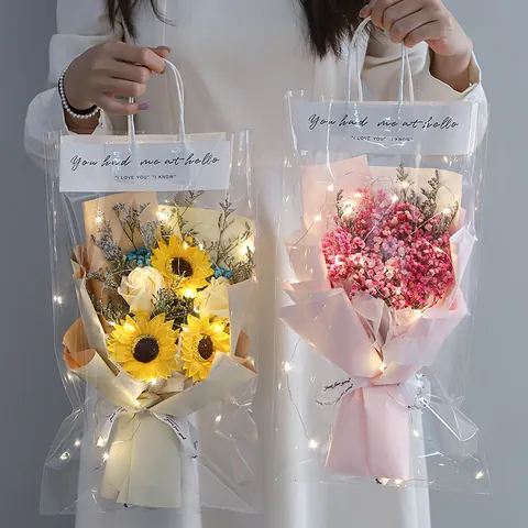 Artificial Soap Rose Carnation Sunflower Gypsophila Flower Bouquet With LED Light String Transparent Gift Bag For Valentine Birthday Women Gift
