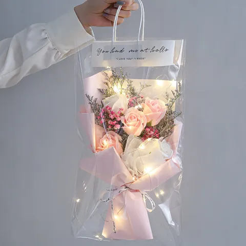 Artificial Soap Rose Carnation Sunflower Gypsophila Flower Bouquet With LED Light String Transparent Gift Bag For Valentine Birthday Women Gift