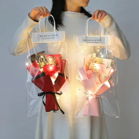 Romantischer Seifenblumenstrauß Rose Nelke Sonnenblume Mit LED-Licht In Transparenter Geschenktüte Muttertag Valentinstag Geburtstag Damen Geschenk