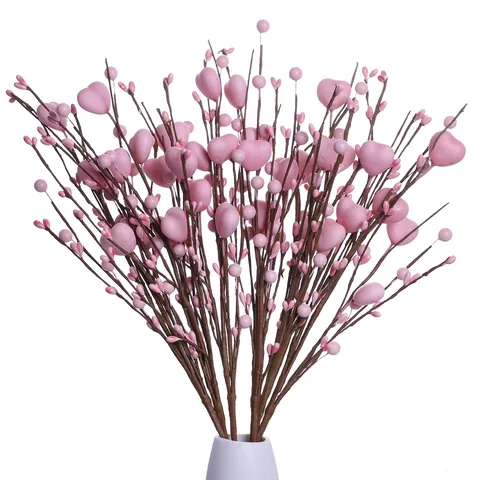 Valentinstag Künstlicher Beerenstiel Mit Rosa Herzornamenten Romantischer Blumenzweig Für Jubiläum Hochzeit Party Dekoration