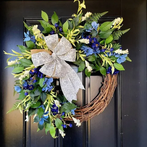 Blue Easter Artificial Flower Wreath Natural Vine Base Fabric Butterfly Bow Front Door Wedding Home Decor Holiday Gift