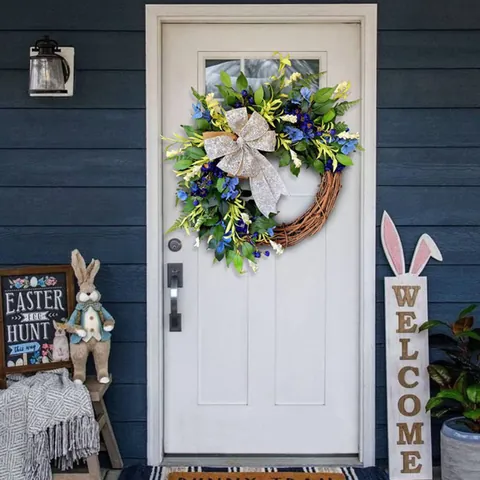 Blue Easter Artificial Flower Wreath Natural Vine Base Fabric Butterfly Bow Front Door Wedding Home Decor Holiday Gift