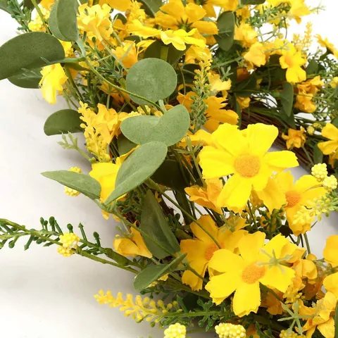 Künstlicher Gelber Gänseblümchenkranz Mit Eukalyptusblättern Für Die Haustürdekoration Frühling Sommer Floral Wandkranz Haus Deko