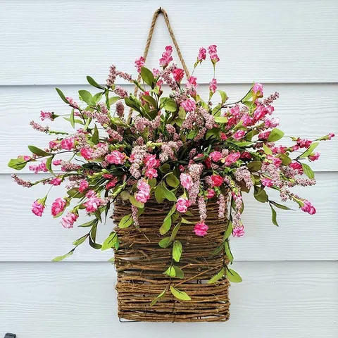 Artificial Hydrangea Flower Basket Wreath Farmhouse Wall Hanging Decor With Woven Basket For Front Door Spring Home Decoration