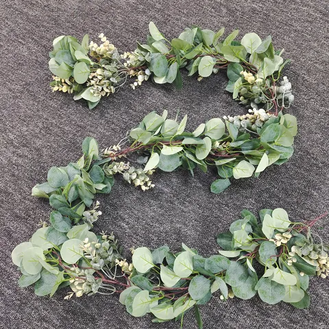 Artificial Eucalyptus Garland With White Camellia Rose Flowers Frosted Green Leaves Plastic Silk Vine For Wedding Home Wall Party Decoration Nordic Style