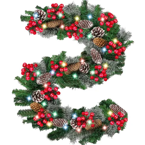 Pre-Lit Christmas Garland With Pine Cones Red Berries Snow Flocked Pine Needles For Stair Mantel Decoration Festive Greenery