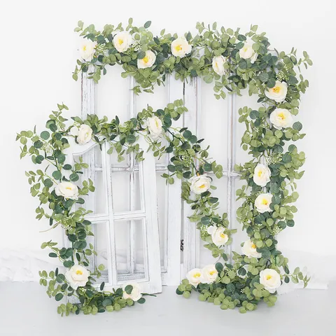 Guirlande de Roses Artificielles Eucalyptus Vigne de Fleurs Plante Suspendue Pour Arche de Mariage Maison Jardin Mur Fête Décoration Florale