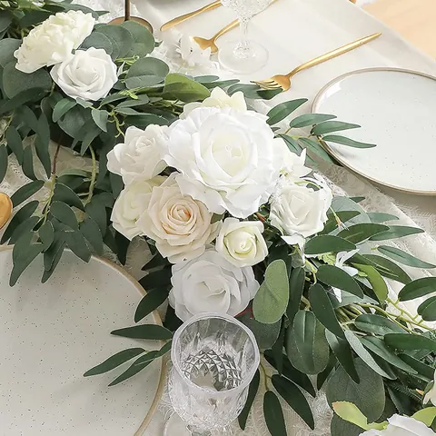 Artificial Rose Eucalyptus Garland Silk Flower Vine Table Runner Greenery For Wedding Arch Home Party Garden Decoration Romantic Floral Hanging Plant