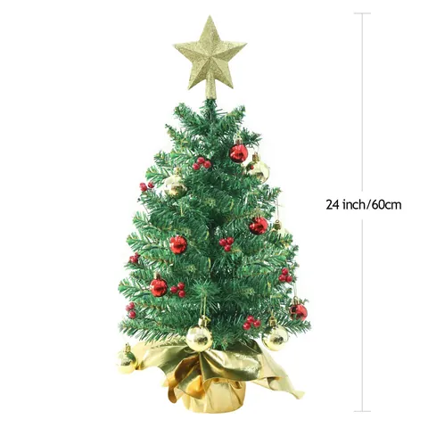 Mini Tabletop Christmas Tree With LED String Lights Gold Star Topper Red Berries Artificial Pine Tree Holiday Home Office Decor