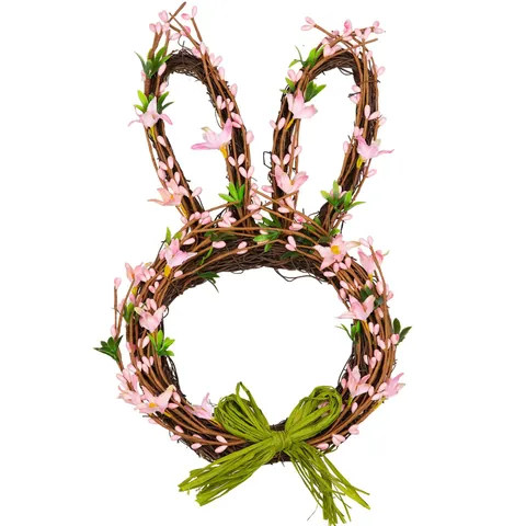 Easter Wreath Artificial Flowers Leaves Rabbit Shape Rattan Base Garland With Colorful Eggs Bow For Front Door Wall Home Decoration Festival Gift