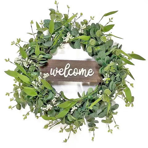 Artificial Eucalyptus Wreath With Welcome Wood Sign White Berries Green Leaves Front Door Hanging Farmhouse Wall Decor