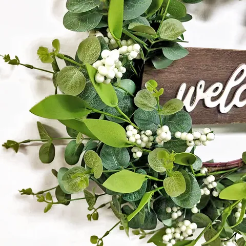 Artificial Eucalyptus Wreath With Welcome Wood Sign White Berries Green Leaves Front Door Hanging Farmhouse Wall Decor