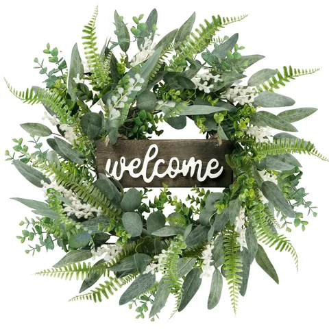 Artificial Eucalyptus Leaf Wreath With Wood Welcome Sign Vine Base For Front Door Wall Hanging Farmhouse Green Garland Home