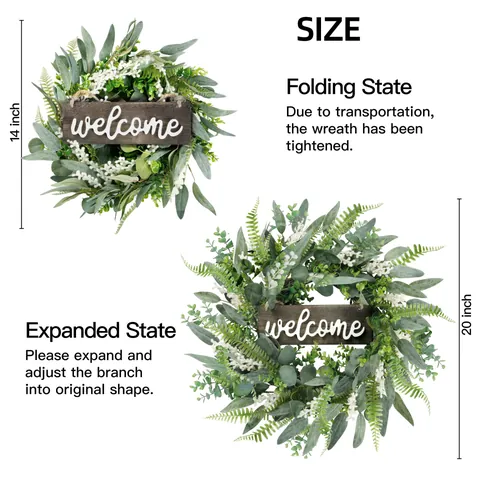 Artificial Eucalyptus Leaf Wreath With Wood Welcome Sign Vine Base For Front Door Wall Hanging Farmhouse Green Garland Home