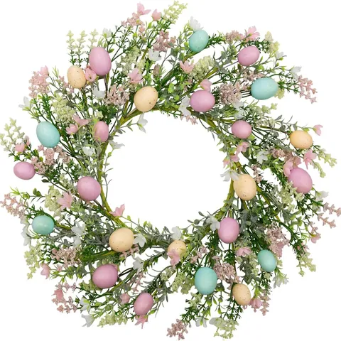 Artificial Easter Wreath with Colorful Eggs and Satin Spring Flowers for Home Door Decoration Window Vine Rattan Ornament