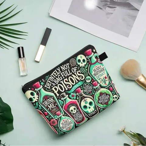 Women Gothic Skull Halloween Makeup Bag Witch Potion Polyester Canvas Toiletry Bag Definitely Not A Bag Full Of Poisons Zipper Cosmetic Bag
