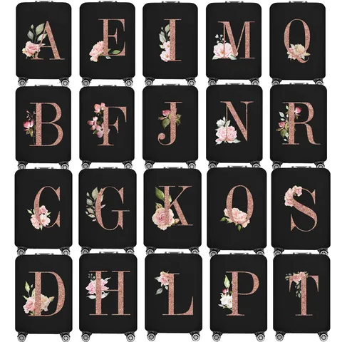 Elastische Polyester Kofferhoes Bloem Alfabet Rose Goud Letter Bedrukt Reis Bagagebeschermer Voor Vrouwen Stofdicht Hoes