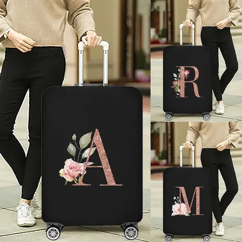 Elastische Polyester Kofferhoes Bloem Alfabet Rose Goud Letter Bedrukt Reis Bagagebeschermer Voor Vrouwen Stofdicht Hoes