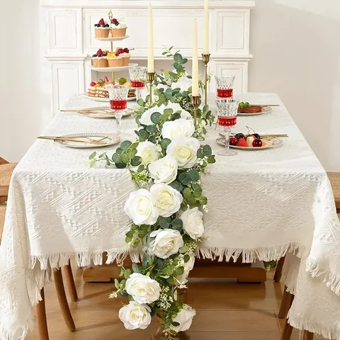 Artificial Rose Eucalyptus Garland Hanging Flower Vine For Wedding Backdrop Arch Home Party Garden Decoration Satin Flower