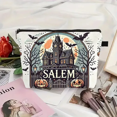 Large Capacity Halloween Witch Bat Pumpkin Print Makeup Bag Portable Polyester Travel Toiletry Bag For Women Salem Witchy Vibes