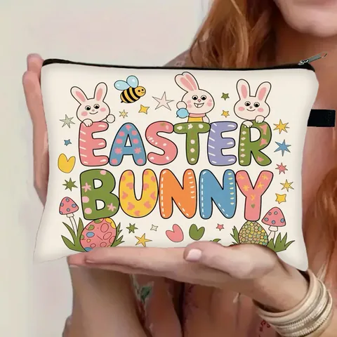 Sac Cosmétique Joyeuses Pâques Imprimé Lapin Et Oeuf Imperméable Grande Capacité Organisateur Maquillage Fermeture Éclair Portable